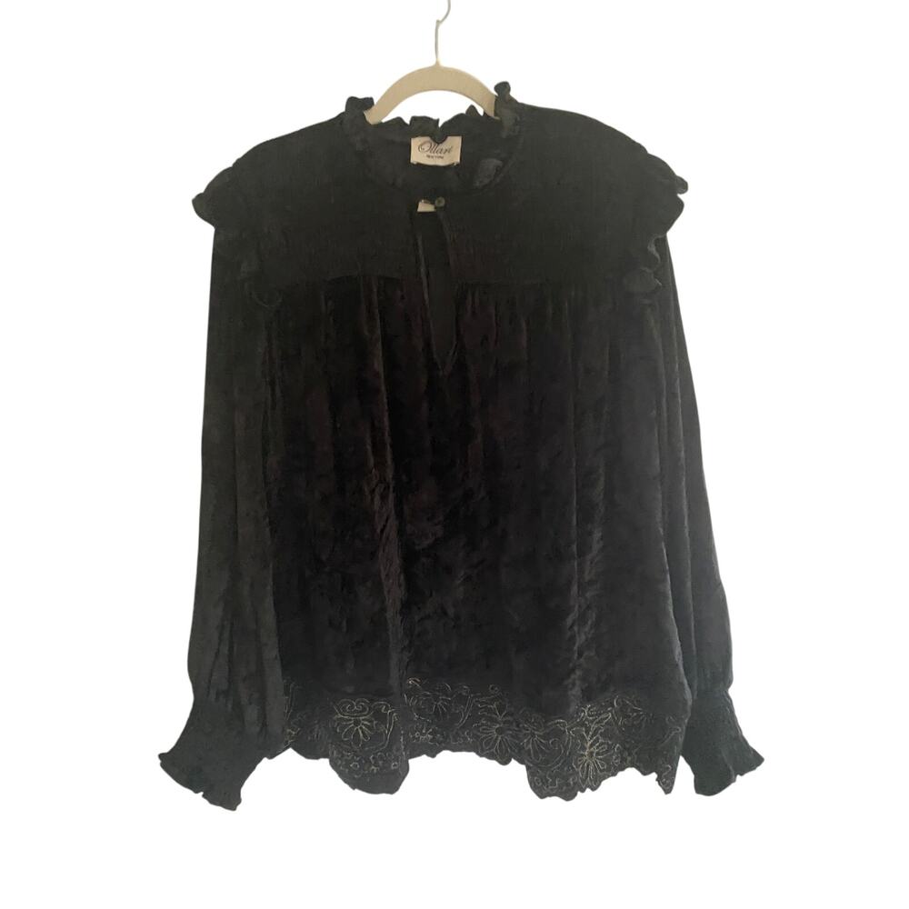 Ollari Womens Black Velvet Key Hole Ruffle Flowy Top, L-XL, NWOT